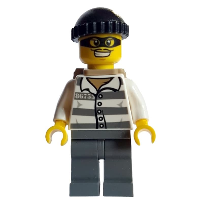Criminal, Prison Shirt with #86753, Dark Bluish Gray Legs, Black Hat, Backpack, Black Eyemask