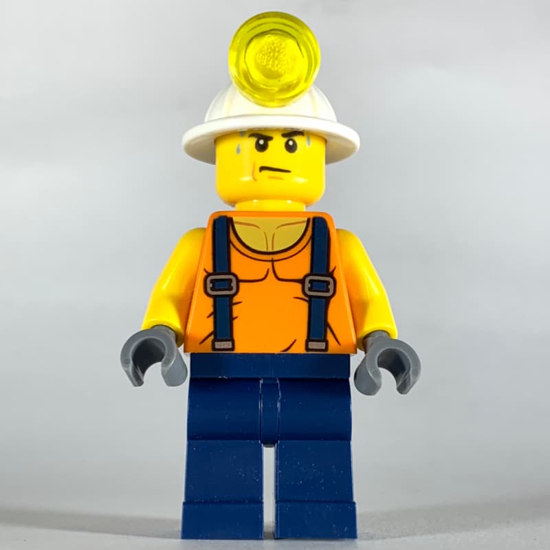 Miner, Orange Vest with Suspenders, Mining Hat, Sweat Drops