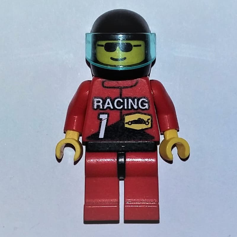 Racer, Red Jacket with 'RACING' and '1', Black Helmet with Visor, Sunglasses