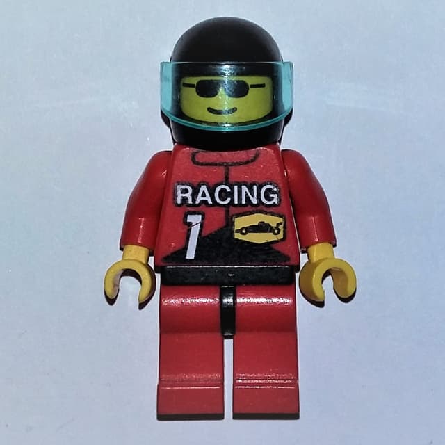 Racer, Red Jacket with 'RACING' and '1', Black Helmet with Visor, Sunglasses