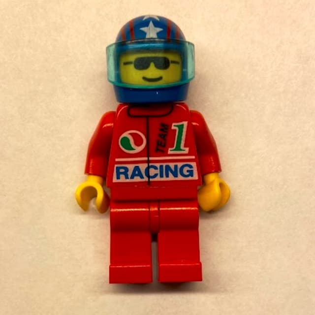 Racer, Red Jacket with Octan Logo and 'RACING', Blue Helmet with Stars and Visor, Sunglasses