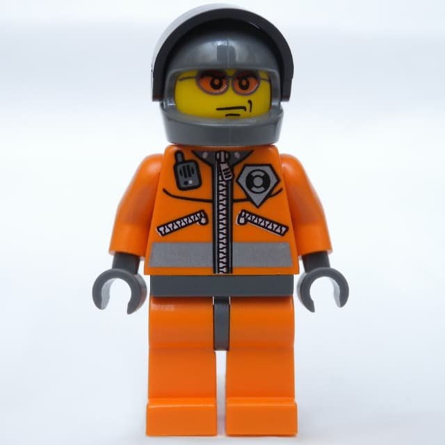 Coast Guard, Orange Jumpsuit with Zipper, Radio, and Badge, Dark Gray Hands, Dark Bluish Gray Helmet with Visor, Orange Sunglasses