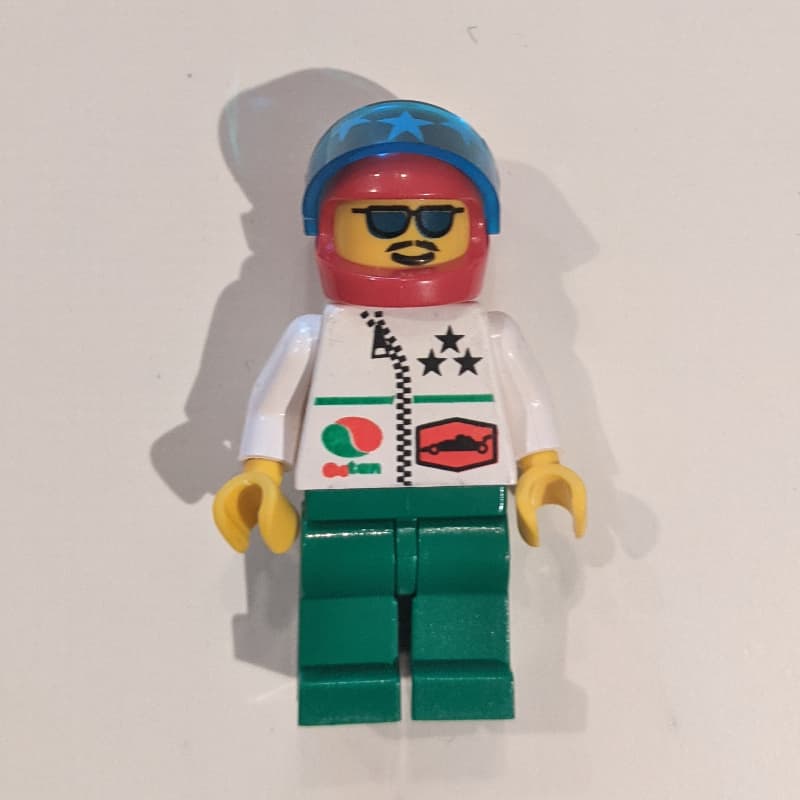 Racer, White Jacket with Zipper, Red Helmet with Stars and Visor, Blue Sunglasses