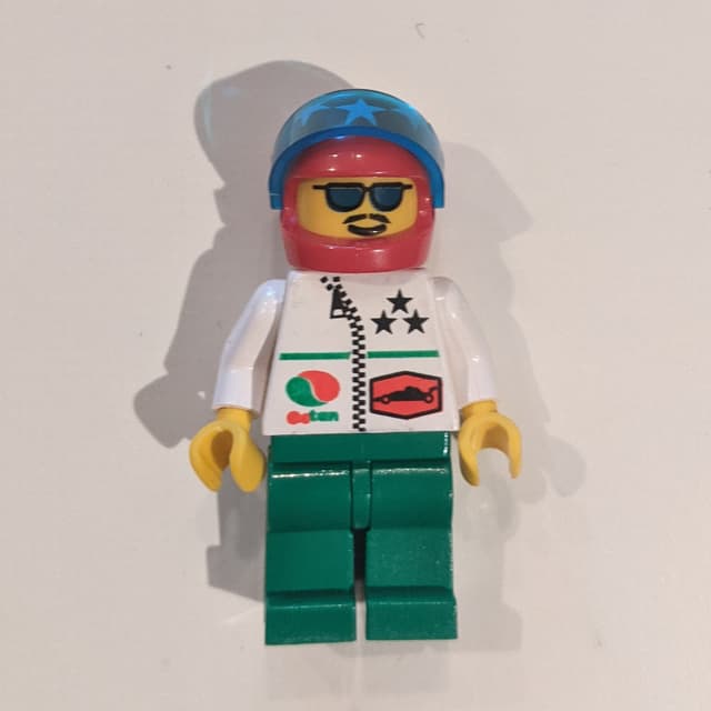 Racer, White Jacket with Zipper, Red Helmet with Stars and Visor, Blue Sunglasses