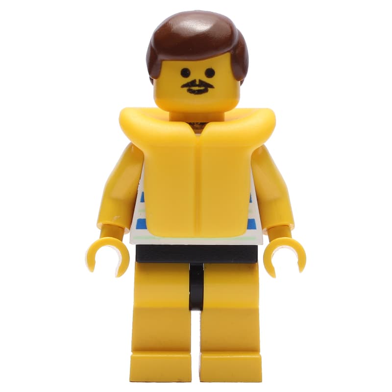 Man, Blue and White Striped Swimsuit, Brown Hair, Yellow Life Vest, Moustache