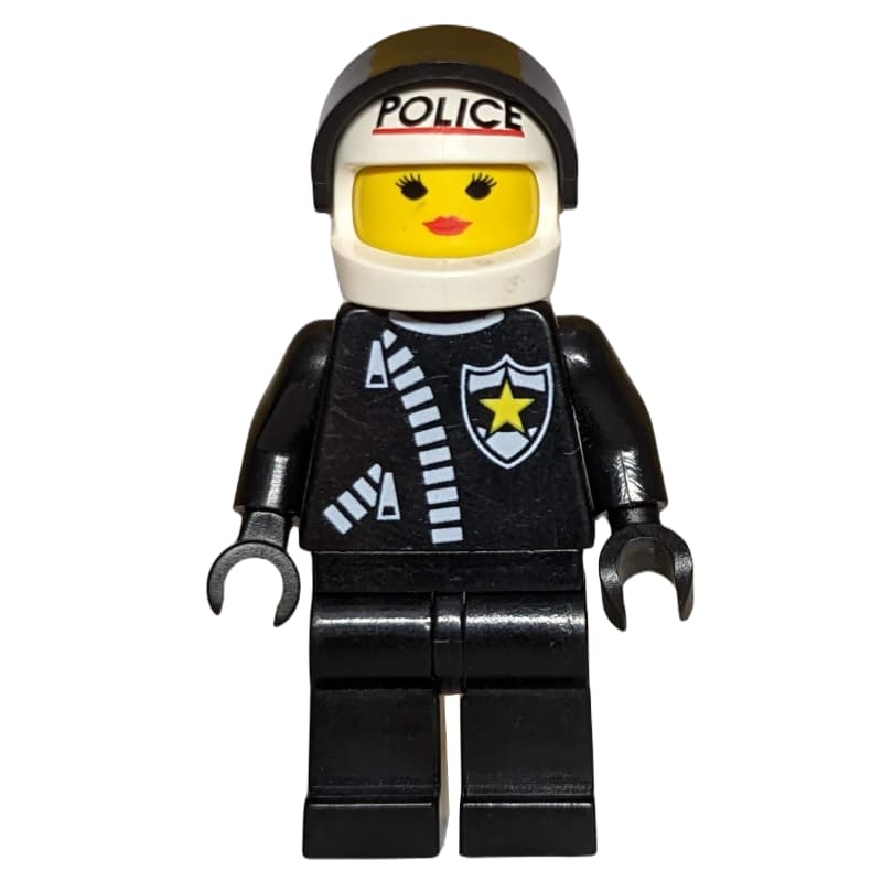Paula - Policewoman, Black Jacket with Zipper and Badge, White Helmet with 'POLICE' and Visor