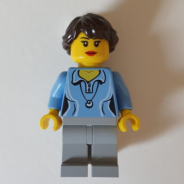 Woman, Medium Blue Polo Shirt with Necklace, Light Bluish Gray Legs, Dark Brown Hair