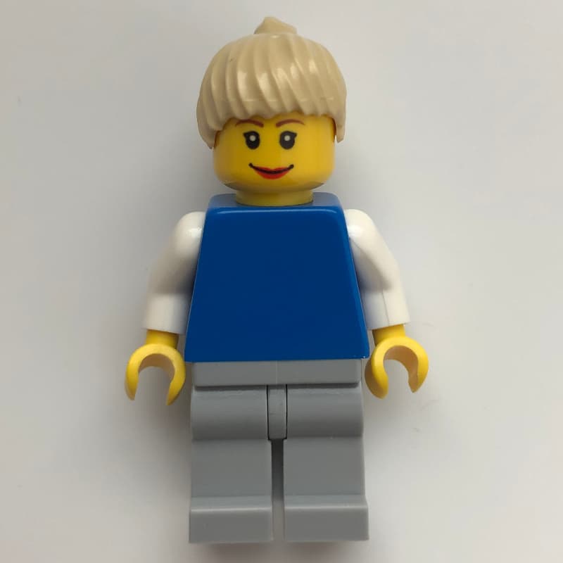 Blue Torso, Light Bluish Gray Legs, Tan Hair