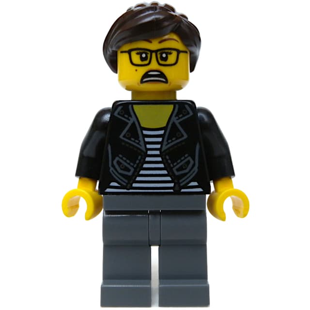 Black Torso, Dark Bluish Grey Legs, Dark Brown Hair