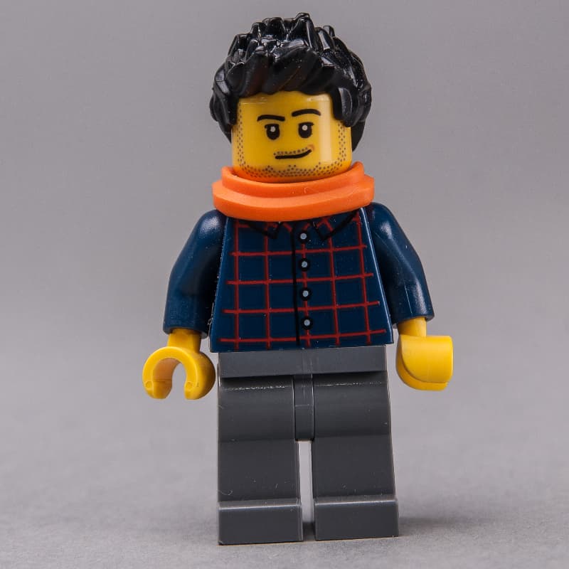 Man, Dark Blue Plaid Shirt, Dark Bluish Gray Legs, Black Hair, Orange Scarf, Stubble
