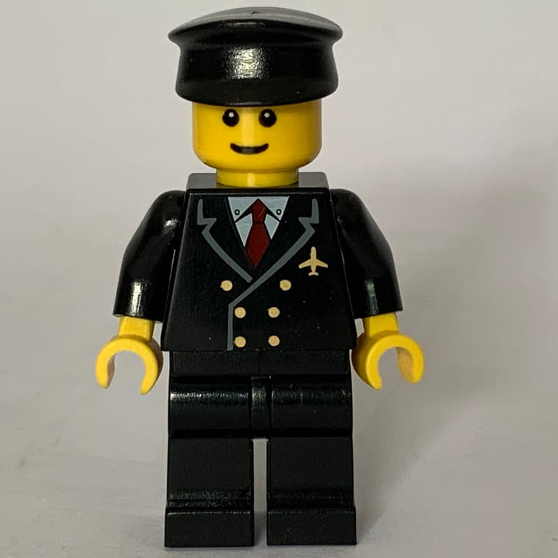 Pilot, Black Suit with Tie and Airplane Badge, Black Hat, Brown Eyebrows