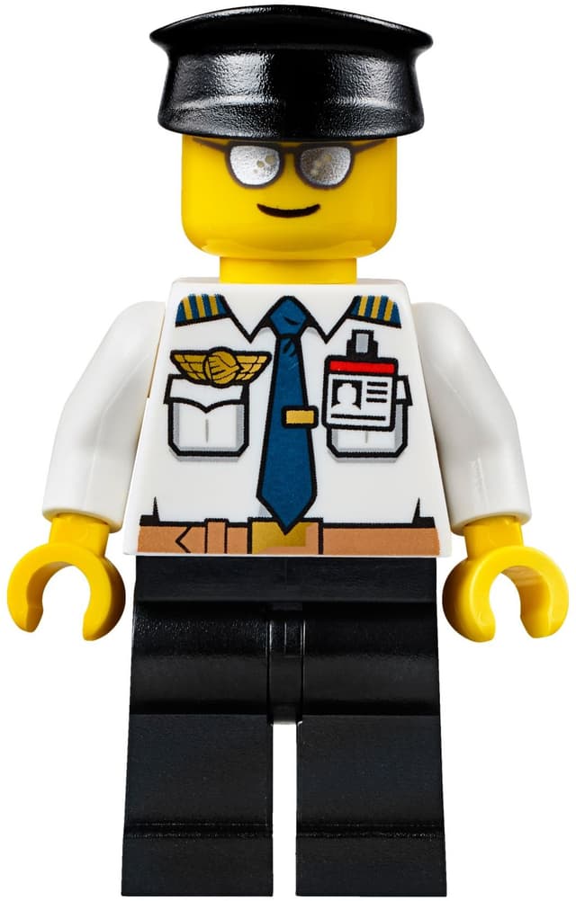 Pilot, White Shirt with Tie and Wing Badge, Black Legs, Black Hat, Silver Sunglasses