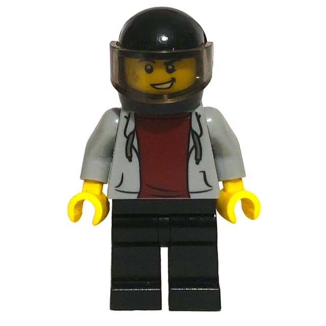 Man, Light Bluish Gray Hoodie over Dark Red Shirt, Black Legs, Black Helmet with Visor