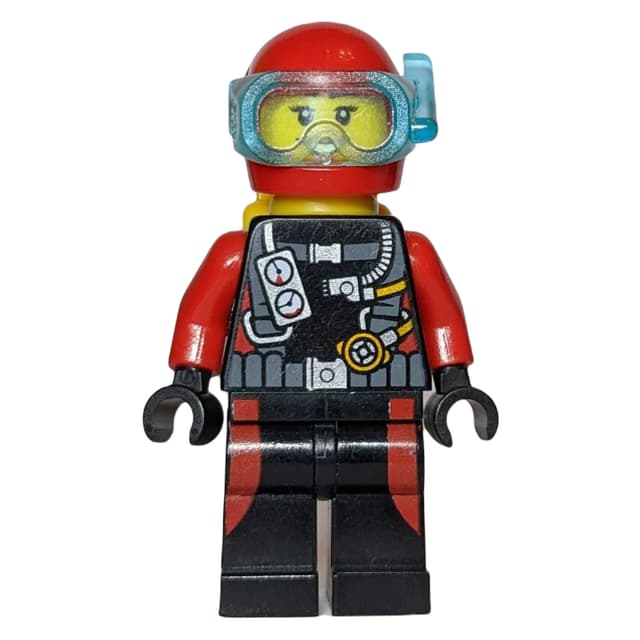 Diver, Woman, Black and Red Wetsuit with Gauges, Red Helmet with Mask