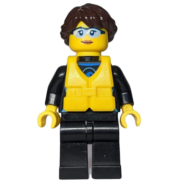 Woman, Black Wetsuit, Dark Brown Hair, Yellow Life Vest, Safety Glasses