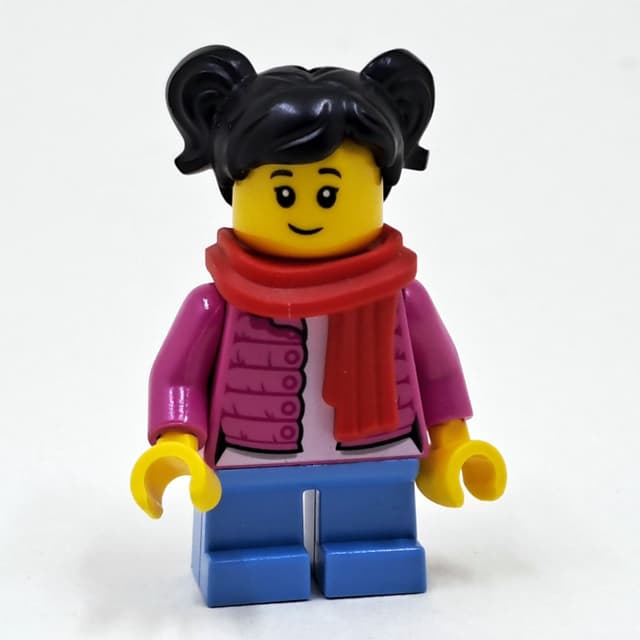 Girl, Open Dark Pink Jacket, Short Medium Blue Legs, Red Scarf, Black Hair