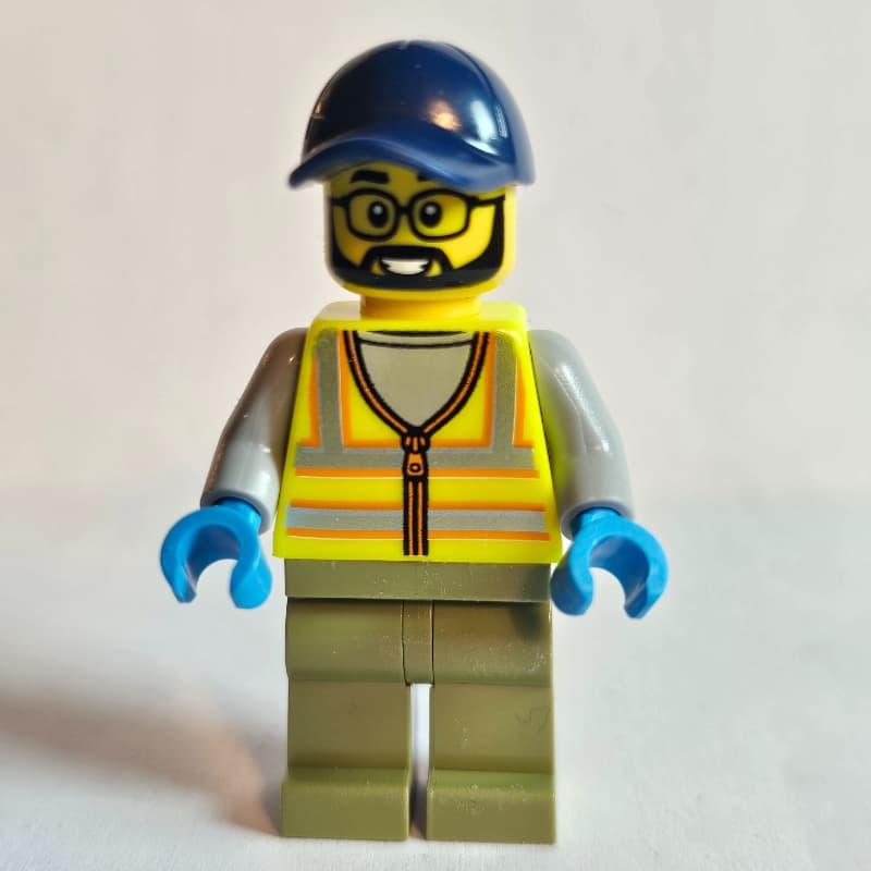 Construction Worker, Vibrant Yellow Safety Vest, Olive Green Legs, Dark Blue Cap