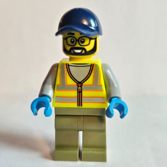 Construction Worker, Vibrant Yellow Safety Vest, Olive Green Legs, Dark Blue Cap