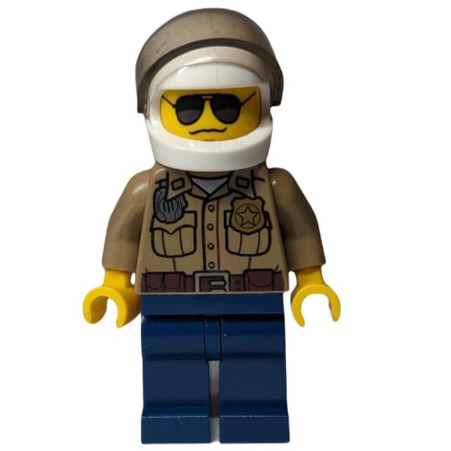 Forest Police / Ranger, Dark Tan Shirt with Radio and Badge, Dark Blue Legs, White Helmet with Visor, Sunglasses, 3626b Head