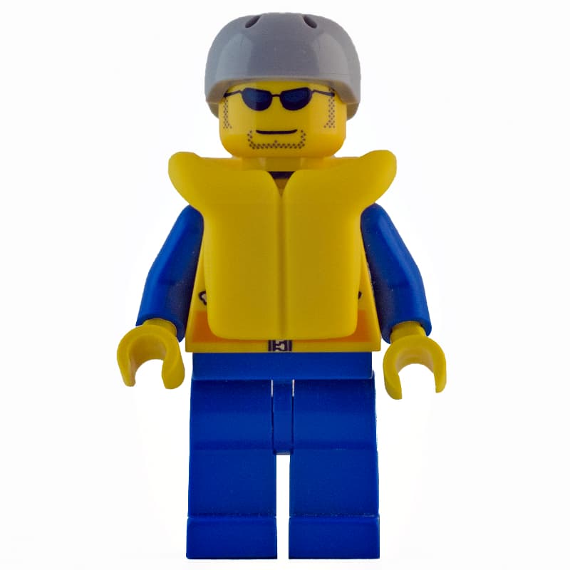 Coast Guard, Yellow Jacket with Zipper, Radio and Badge, Light Bluish Gray Helmet, Yellow Life Vest, Sunglasses
