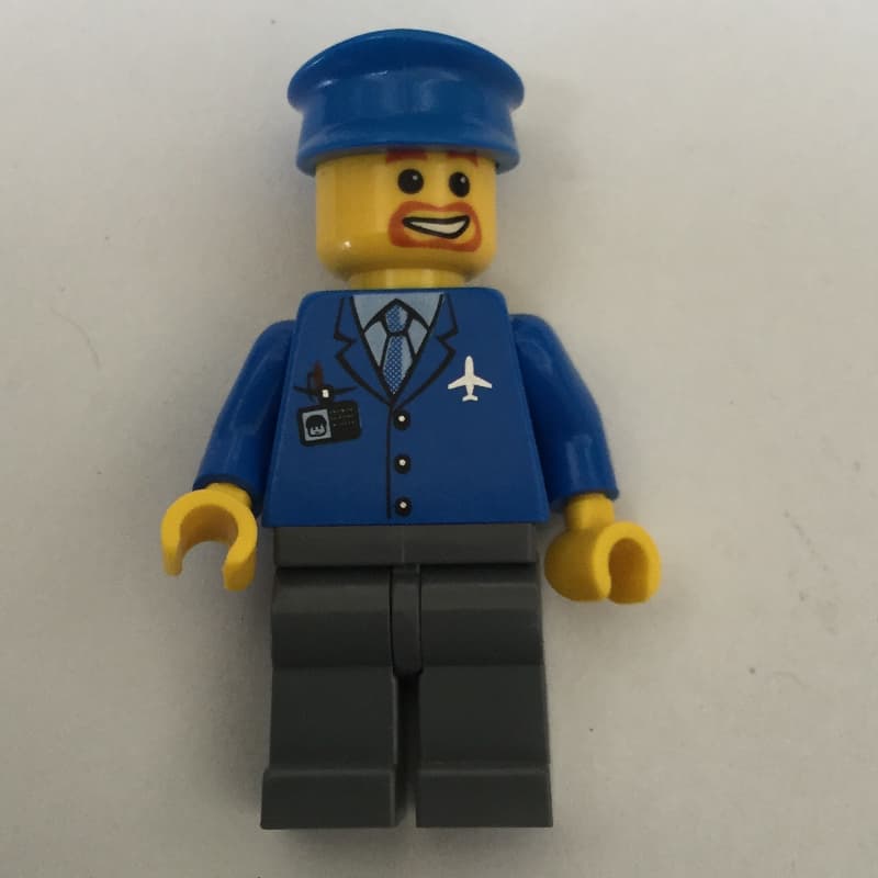 Pilot, Blue Jacket with Plane Logo and Blue Tie, Blue Hat, Goatee Beard