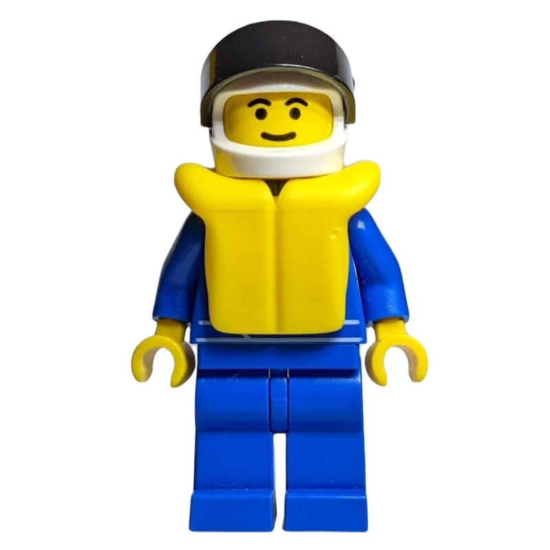 Racer, Blue Jumpsuit with Octan Logo, White Helmet with Visor, Yellow Life Vest
