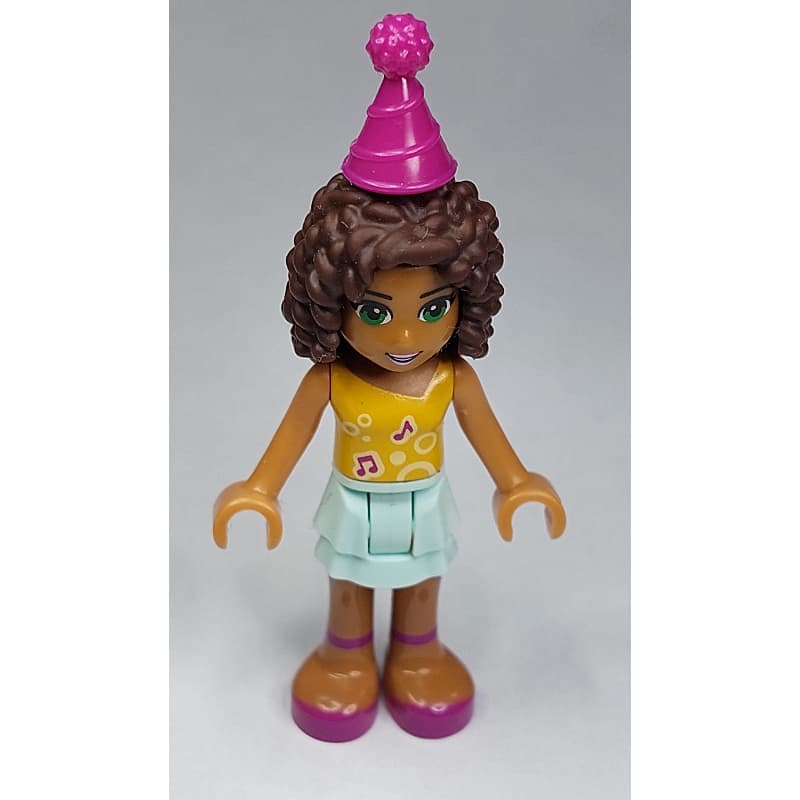 Andrea - Bright Light Orange Top, Light Aqua Skirt, Magenta Party Hat