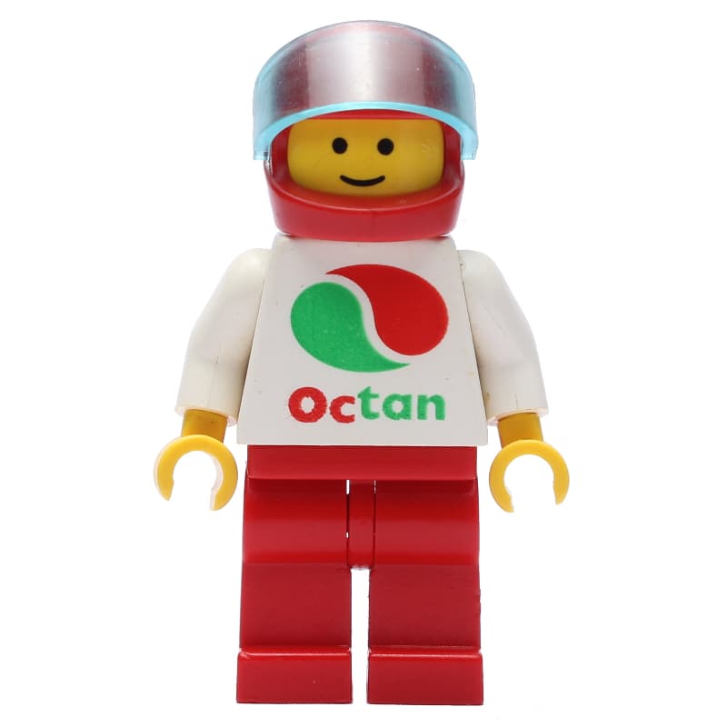 Racer, White Top with Large Octan Logo, Red Legs, Red Helmet with Visor