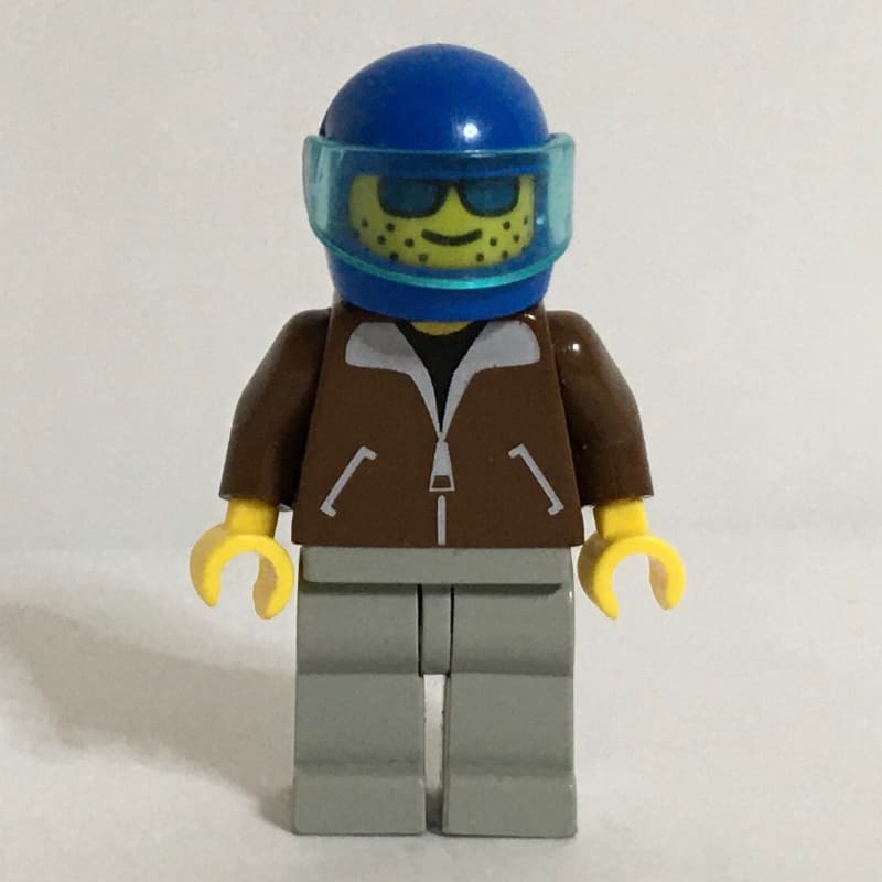 Man, Brown Jacket, Light Gray Legs, Blue Helmet with Visor, Blue Visor