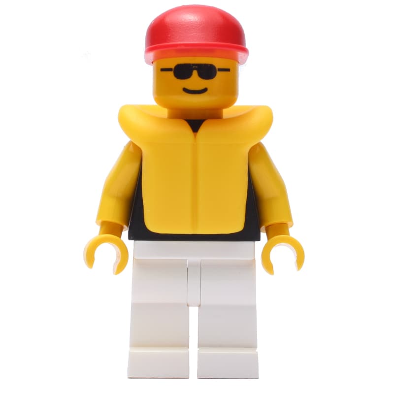 Man, Black Torso, White Legs, Red Cap, Yellow Life Vest, Sunglasses