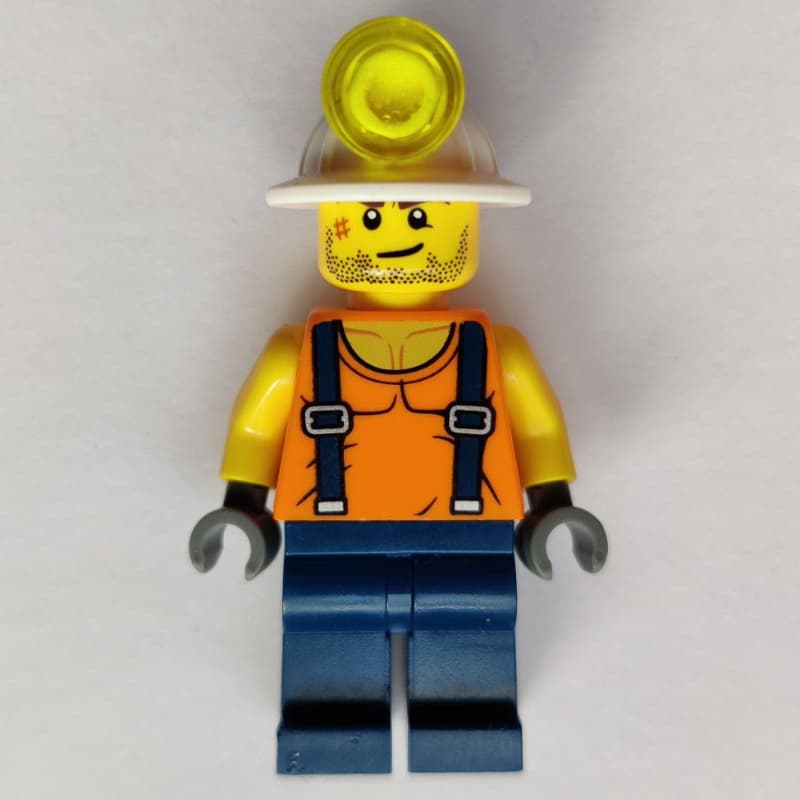Miner, Orange Vest with Suspenders, Mining Hat, Stubble and Scar