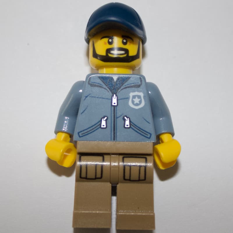 Policeman Ranger Ralph, Sand Blue Jacket with Pockets and 'POLICE' on Back, Dark Blue Cap, Beard