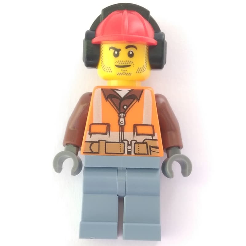 Construction Worker, Orange Safety Vest with Zipper over Reddish Brown Shirt, Sand Blue Legs, Red Hard Hat with Ear Defenders, Stubble