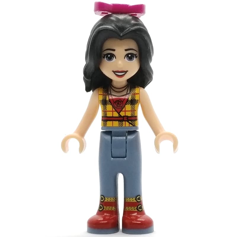 Vicky - Yellow Plaid Shirt, Sand Blue Trousers, Magenta Bow