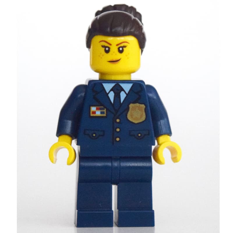 Policewoman, Dark Blue Suit and Tie, Dark Brown Bun Hair