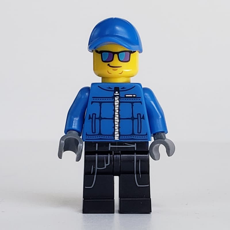 Policeman, Blue Jacket with Zipper, Blue Cap, Blue and Purple Sunglasses