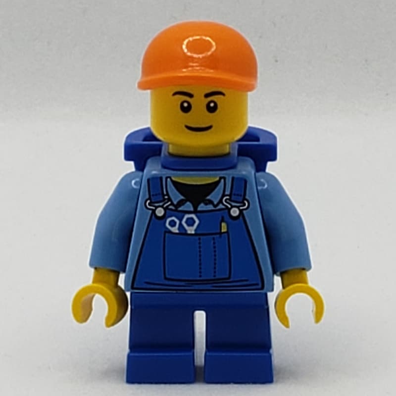 Boy, Blue Overalls, Short Blue Legs, Orange Cap, Reddish Brown Eyebrows