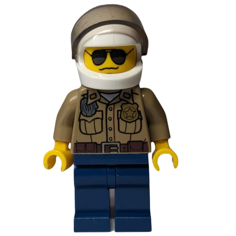 Forest Police / Ranger, Dark Tan Shirt with Radio and Badge, Dark Blue Legs, White Helmet with Visor, Sunglasses, 3626c Head