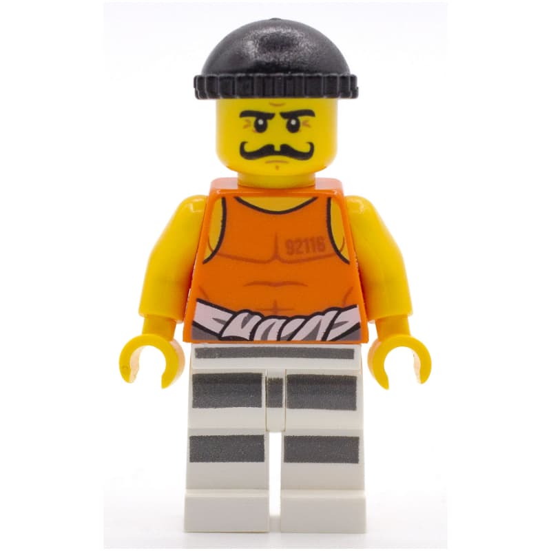 Criminal Simon Sin, Orange Vest with #92116 and Waist Tied Prison Shirt, Black Hat, Moustache