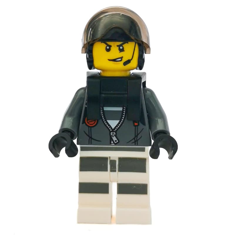 Criminal, Open Dark Bluish Gray Jacket with Zipper over Prison Shirt, Black Helmet with Visor, Neck Bracket, Headset