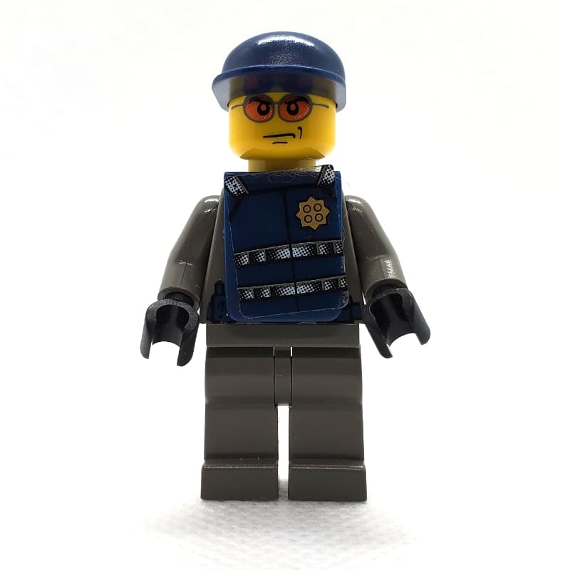 Security Guard, Dark Gray Shirt with Badge, Dark Blue Cap, Dark Blue Vest, Orange Sunglasses