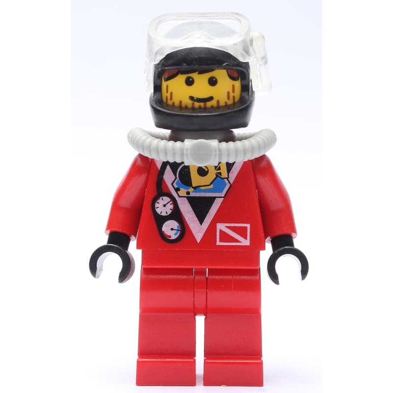 Diver, Man, Red Wetsuit, Black Helmet with Mask, Airtank, Stubble