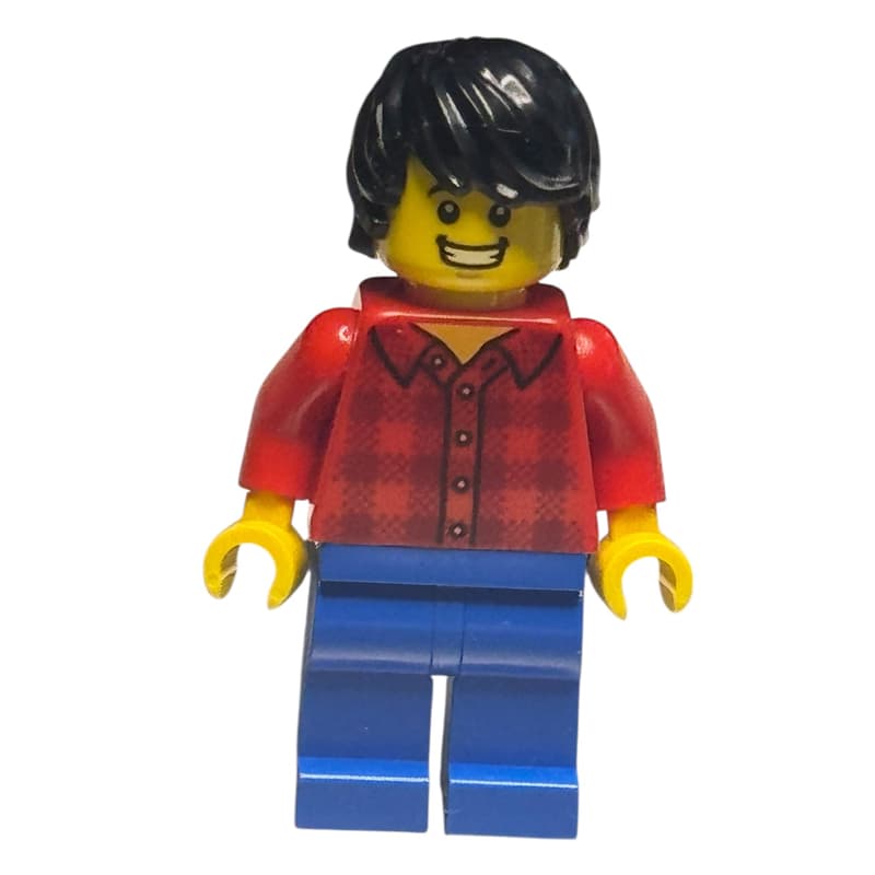 Man, Red Flannel Shirt, Blue Legs, Black Hair, Clenched Teeth Smile
